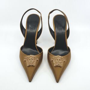 Versace Brown Heels with Gold Medusa Embellishment